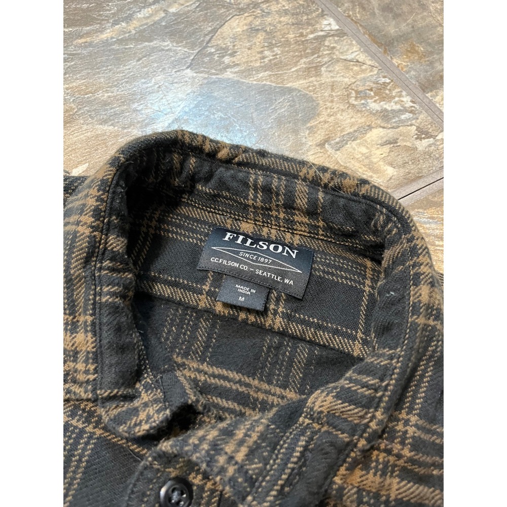 Filson Vintage Flannel Work Shirt Mens M Black Olive Plaid Button Down - Picture 3 of 8